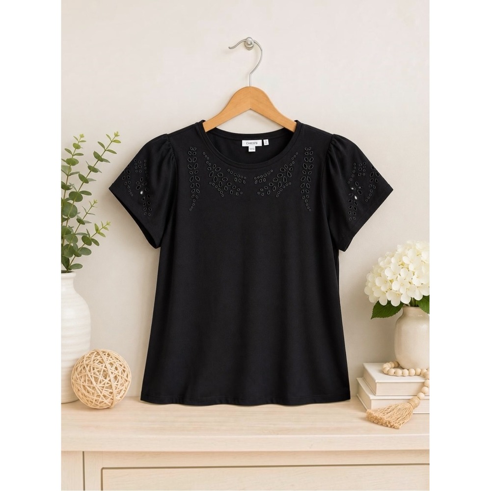 Chico's Black Eyelet Flutter Sleeve Top 4XXL Plus Size 100% Cotton Like New